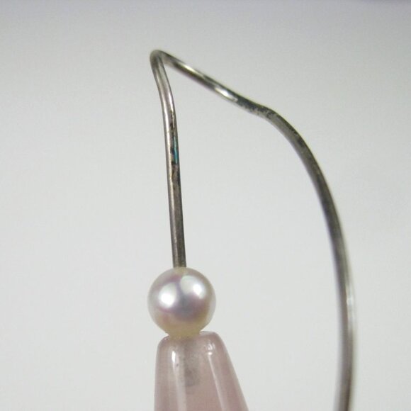 Rose Quartz Stone Pearl Drop Silver Hook French Wire Earrings Long 2 inch Sweep - Picture 4 of 8